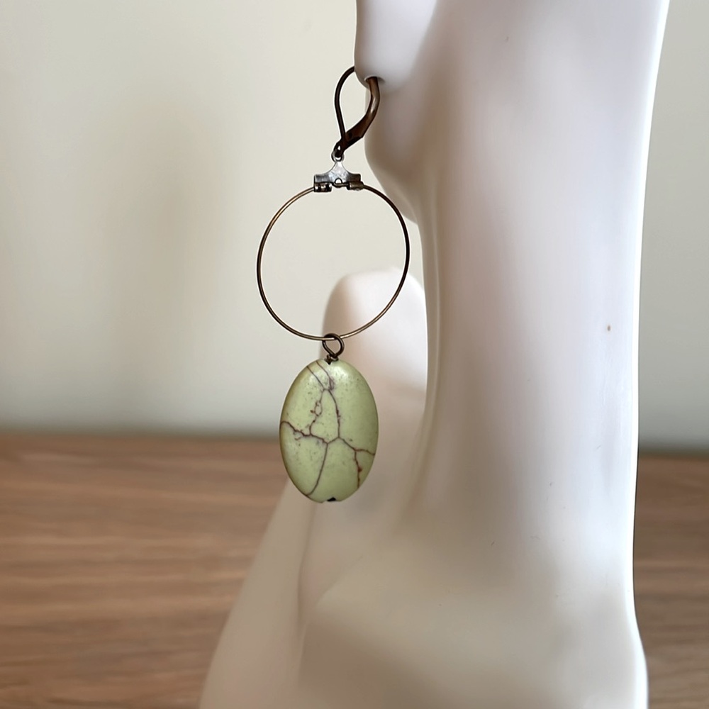 HAND CRAFTED PIERCED HOOP EARRINGS Green Brown Antiqued Brass Dangles Drops Hoop - Picture 7 of 14